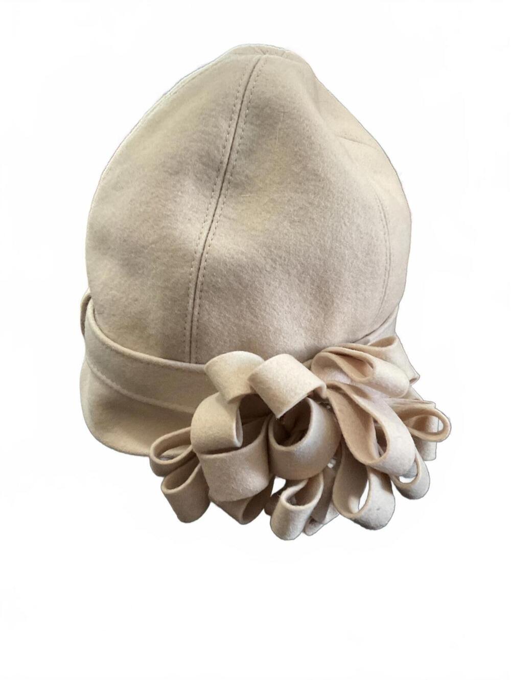 Vintage Lord and Taylor Beige Wool Cloche Hat with Decorative Loops